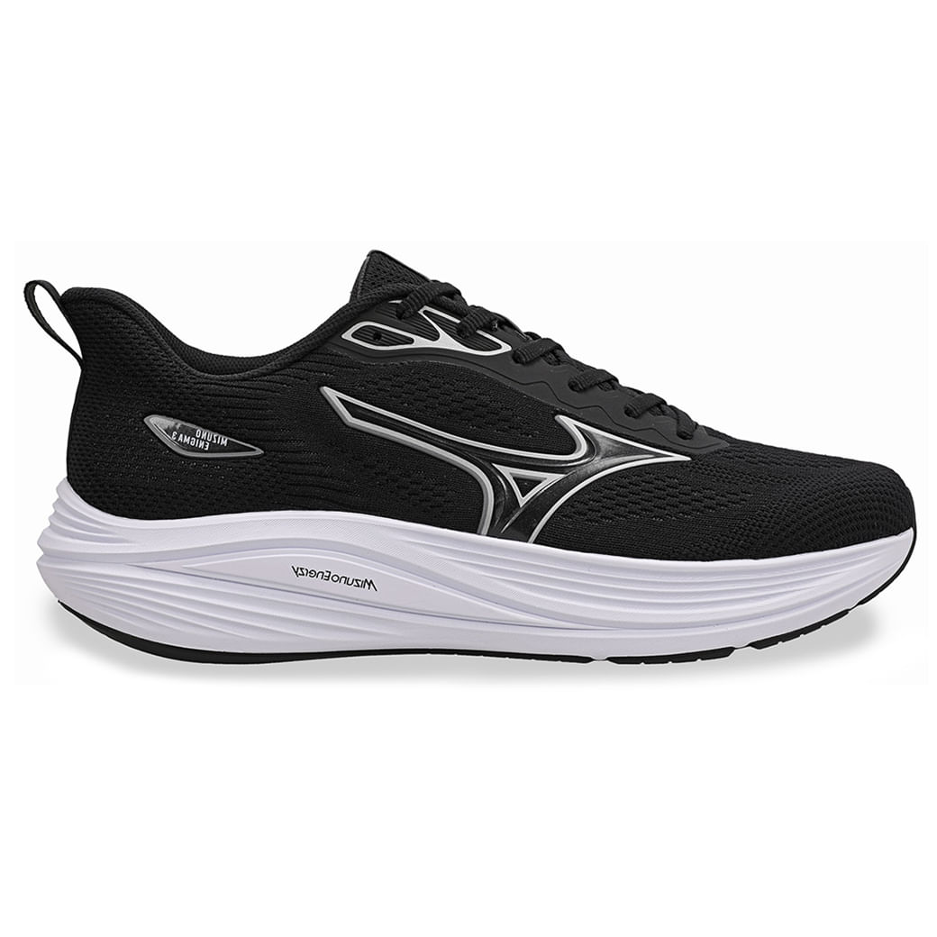 Tênis esportivo masculino Mizuno Enigma 3 preto com detalhes em cinza e branco, vista frontal